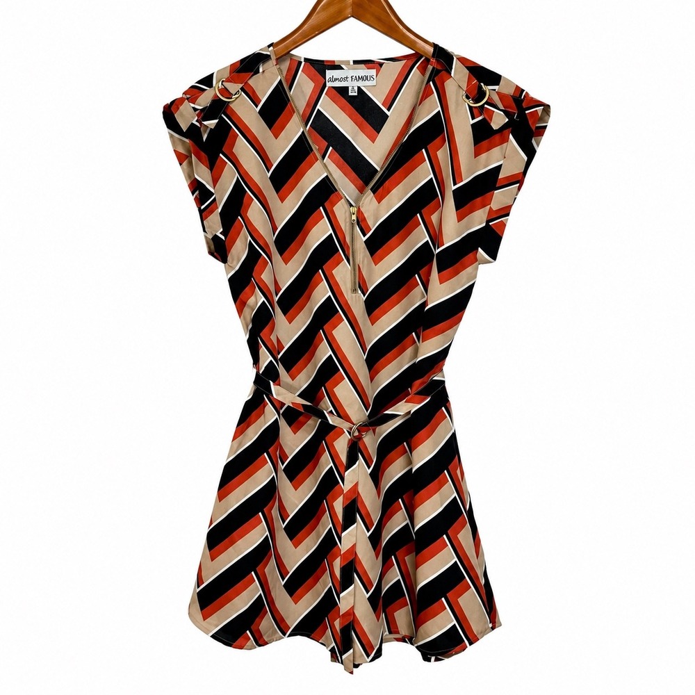 Almost Famous Womens Chevron Zip Front Belted Romper Red Black Tan Size M NEW